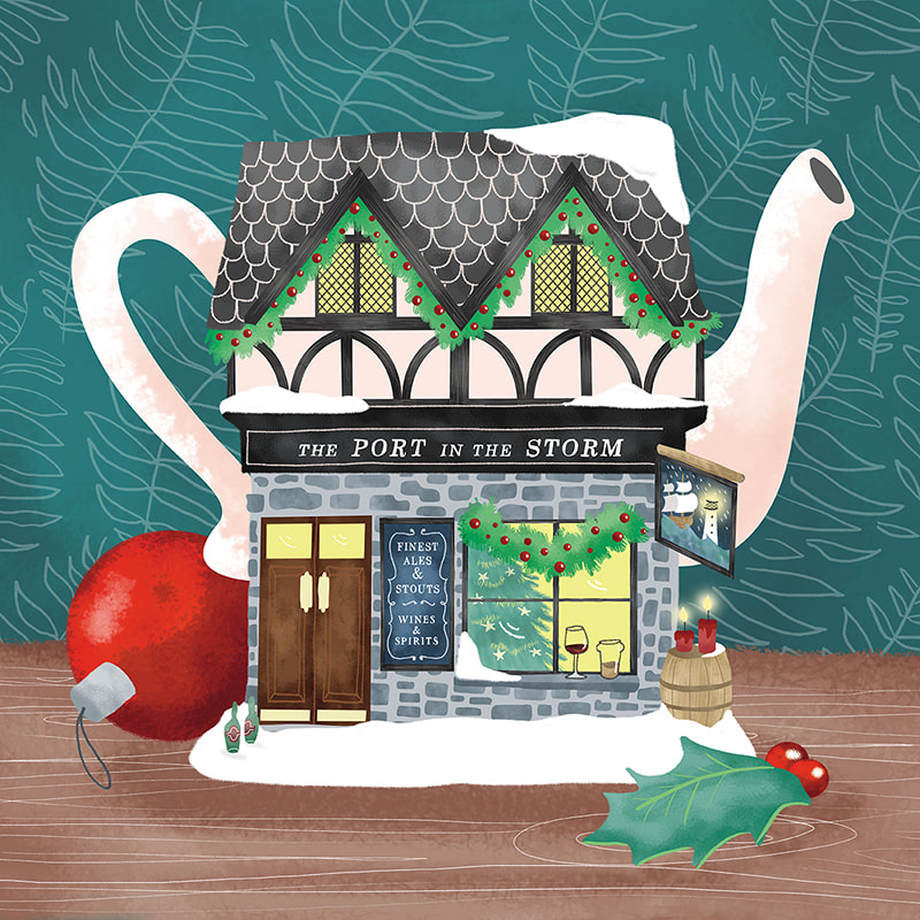 Cozy Christmas teapot 'The Port in the Storm' pub digital illustration by seth macbeth